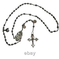 05K20 Antique 18th Century Rosary + Solid Silver Beads Holy Prayers Saint Anne