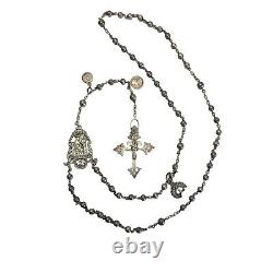 05K20 Antique 18th Century Rosary + Solid Silver Beads Holy Prayers Saint Anne