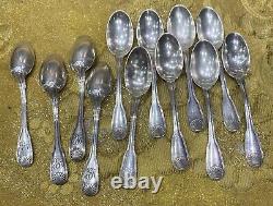 12 Antique Small Sterling Silver Coffee Mocha Spoons Minerve XIXth Shell