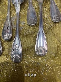 12 Antique Small Sterling Silver Coffee Mocha Spoons Minerve XIXth Shell