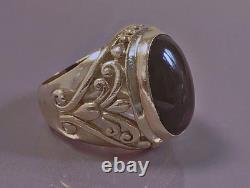 16g Large antique silver signet ring onyx dome ring solid silver size T59