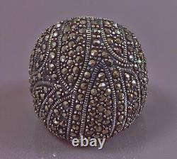 17g Large antique silver ring marcasites domed ring solid silver size 56