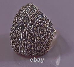 17g Large antique silver ring marcasites domed ring solid silver size 56