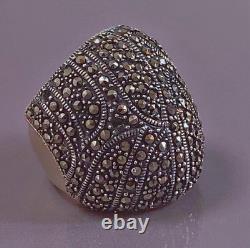 17g Large antique silver ring marcasites domed ring solid silver size 56