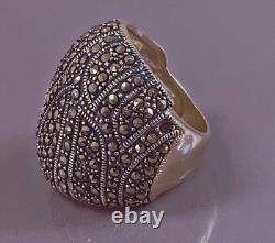17g Large antique silver ring marcasites domed ring solid silver size 56