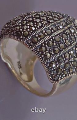 17g Large antique silver ring marcasites domed ring solid silver size 56