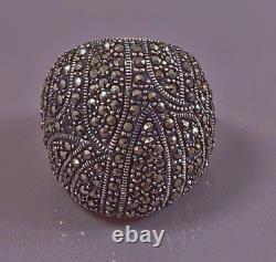 17g Large antique silver ring marcasites domed ring solid silver size 56