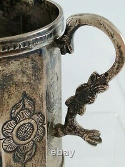 18th Century Ancient Colonial Era Spanish Silver Mugs Snake Handle 280 Grams