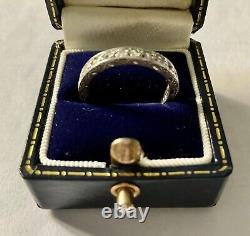 19th CENTURY ANTIQUE FULL CIRCLE SILVER RING, WHITE TOPAZ, CHISELING