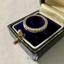 19th CENTURY ANTIQUE FULL CIRCLE SILVER RING, WHITE TOPAZ, CHISELING