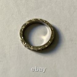 19th CENTURY ANTIQUE FULL CIRCLE SILVER RING, WHITE TOPAZ, CHISELING