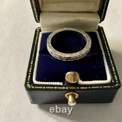 19th CENTURY ANTIQUE FULL CIRCLE SILVER RING, WHITE TOPAZ, CHISELING