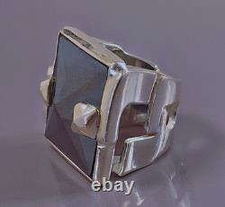 24g Large antique silver ring Hematite signet ring solid silver size T54