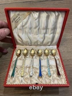 6 antique Moka silver gilt enamel teaspoons Denmark