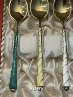 6 antique Moka silver gilt enamel teaspoons Denmark