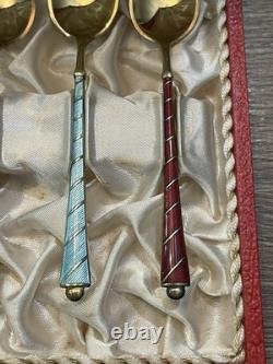 6 antique Moka silver gilt enamel teaspoons Denmark