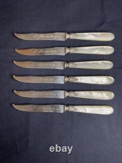 6 antique knives with solid silver blades Minerva mother-of-pearl handles