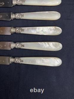 6 antique knives with solid silver blades Minerva mother-of-pearl handles