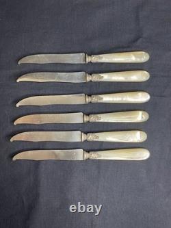 6 antique knives with solid silver blades Minerva mother-of-pearl handles