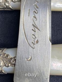 6 antique knives with solid silver blades Minerva mother-of-pearl handles