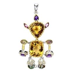 925 Solid Silver Antique Pendant Citrine 45ct Amethyst Robot Made Gemstone