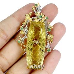 925 Solid Silver Antique Pendant Lemon Quartz 43ct Emerald Hand Gemstone