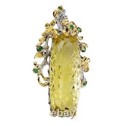 925 Solid Silver Antique Pendant Lemon Quartz 43ct Emerald Hand Gemstone