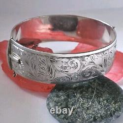925 Sterling Silver Engraved Opening Bangle Anchor Lion Hallmarks 1960 Vintage 58g