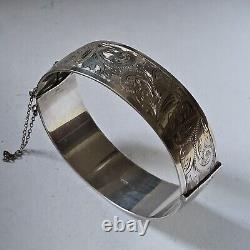 925 Sterling Silver Engraved Opening Bangle Anchor Lion Hallmarks 1960 Vintage 58g