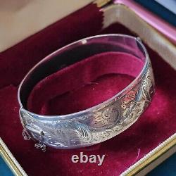 925 Sterling Silver Engraved Opening Bangle Anchor Lion Hallmarks 1960 Vintage 58g