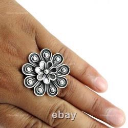 925 Sterling Silver Vintage Cocktail Flower Ring Size 9 D69
