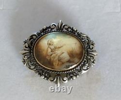 ANTIQUE BROOCH 19th CENTURY SOLID SILVER & 18K GOLD PAINTED MINIATURE RENAISSANCE STYLE