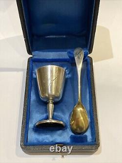 ANTIQUE EGG CUP SET WITH SOLID SILVER SPOON IN CASE Jules Ladoucette
