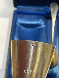 ANTIQUE EGG CUP SET WITH SOLID SILVER SPOON IN CASE Jules Ladoucette