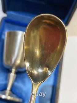 ANTIQUE EGG CUP SET WITH SOLID SILVER SPOON IN CASE Jules Ladoucette