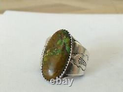 ANTIQUE NAVAJO SOLID SILVER GREEN TURQUOISE RING SIGNED Native Sterling