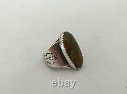 ANTIQUE NAVAJO SOLID SILVER GREEN TURQUOISE RING SIGNED Native Sterling