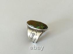 ANTIQUE NAVAJO SOLID SILVER GREEN TURQUOISE RING SIGNED Native Sterling