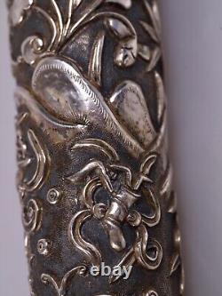 ANTIQUE SILVER HANDLE CANE CHINESE UMBRELLA-ASIA-EARLY 20th CENTURY