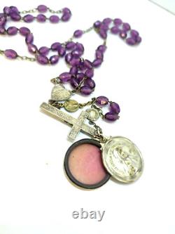 ANTIQUE SILVER ROSARY WITH FACETED GLASS IN VIOLET COLOR