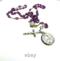 ANTIQUE SILVER ROSARY WITH FACETED GLASS IN VIOLET COLOR