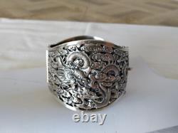 ANTIQUE STERLING SILVER DRAGON CUFF BRACELET CHINA INDOCHINA
