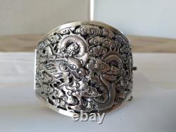 ANTIQUE STERLING SILVER DRAGON CUFF BRACELET CHINA INDOCHINA