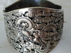 ANTIQUE STERLING SILVER DRAGON CUFF BRACELET CHINA INDOCHINA