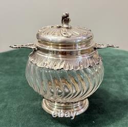 ANTIQUE SUGAR BOWL OR CANDY DISH IN SOLID SILVER AND CRYSTAL BY SILVERSMITH VEYRAT MINERVE 19th CENTURY