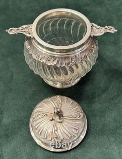 ANTIQUE SUGAR BOWL OR CANDY DISH IN SOLID SILVER AND CRYSTAL BY SILVERSMITH VEYRAT MINERVE 19th CENTURY