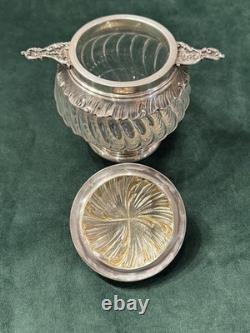 ANTIQUE SUGAR BOWL OR CANDY DISH IN SOLID SILVER AND CRYSTAL BY SILVERSMITH VEYRAT MINERVE 19th CENTURY