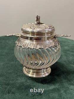 ANTIQUE SUGAR BOWL OR CANDY DISH IN SOLID SILVER AND CRYSTAL BY SILVERSMITH VEYRAT MINERVE 19th CENTURY
