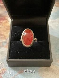 ART DECO c1930 CORAL, AGATE, CRAB MARK, STERLING SILVER, ANTIQUE RING