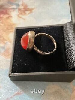 ART DECO c1930 CORAL, AGATE, CRAB MARK, STERLING SILVER, ANTIQUE RING